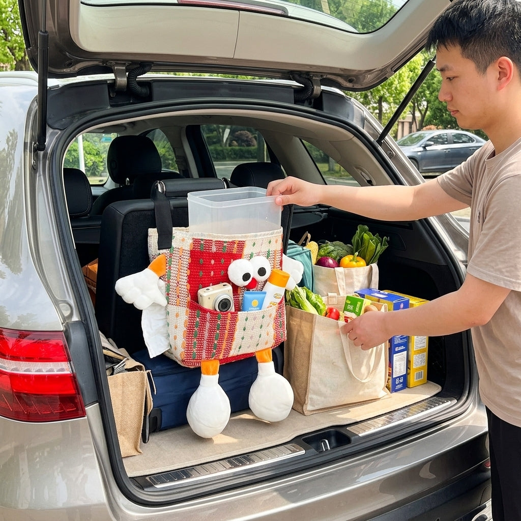 Car trash bin, waterproof two-in-one storage box for car seatbacks, plastic storage container for automotive supplies - In Use Day