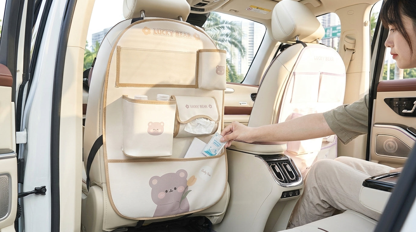 Car seat back storage bag cute cartoon car trash can creative multifunctional car interior anti-kick mat - In Use Day