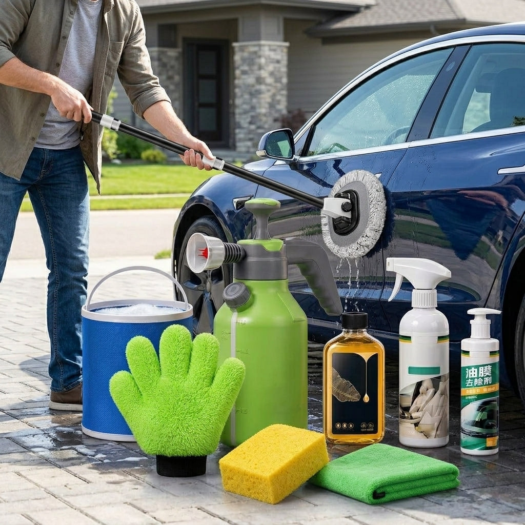 Green Forest Car Wash Tool Complete Set, Household Mop, Car Cleaning Tool, Self-Service Car Brushing Supplies Without Damage - In Use Day