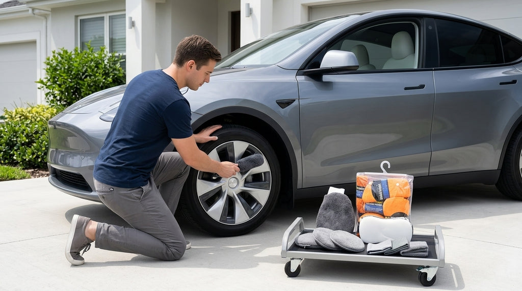 Car cleaning 9-piece set: car towels, home car wash gloves, car washing towels, rags, waxing sponges, hub brushes - In Use Day