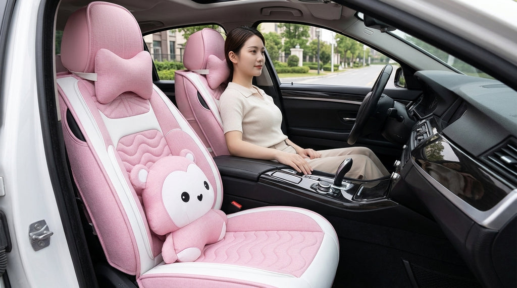 Cartoon car seat cushion, all-season universal all-round car seat cover, linen fabric art seat cushion, winter goddess seat cover - In Use Day