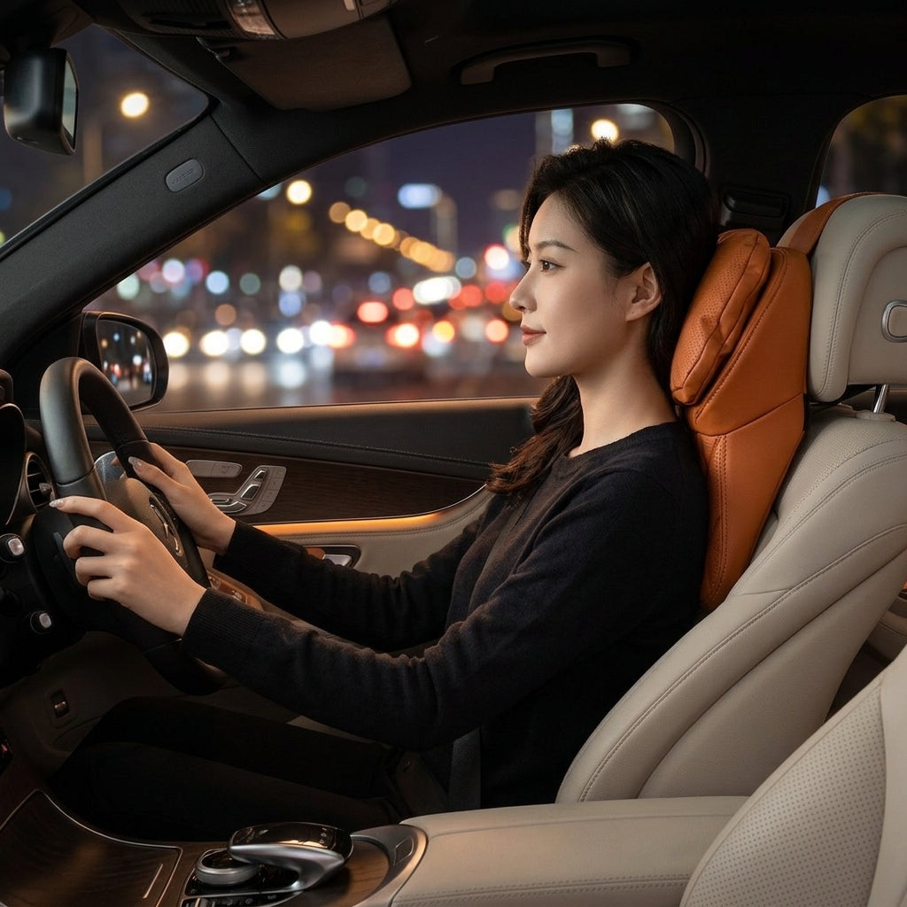 Car anti-stain leather headrest cushion lumbar cushion for driving seats, pillows for cervical spine, neck, and high-end neck pillows for car use - Woman Night Atmosphere