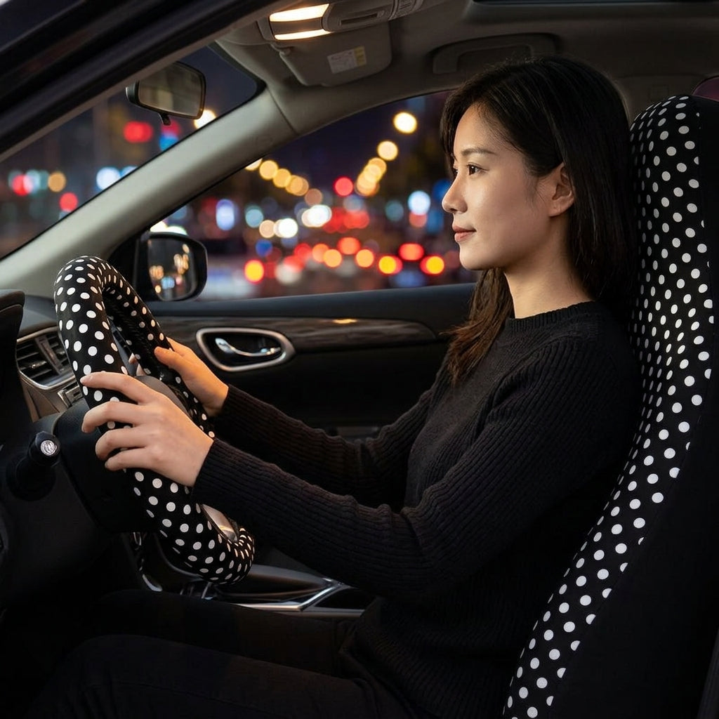 Cross-border Amazon wholesale car steering wheel covers, polka dot, anti-slip, wear-resistant, vintage fashionable steering wheel covers - Woman Night Atmosphere