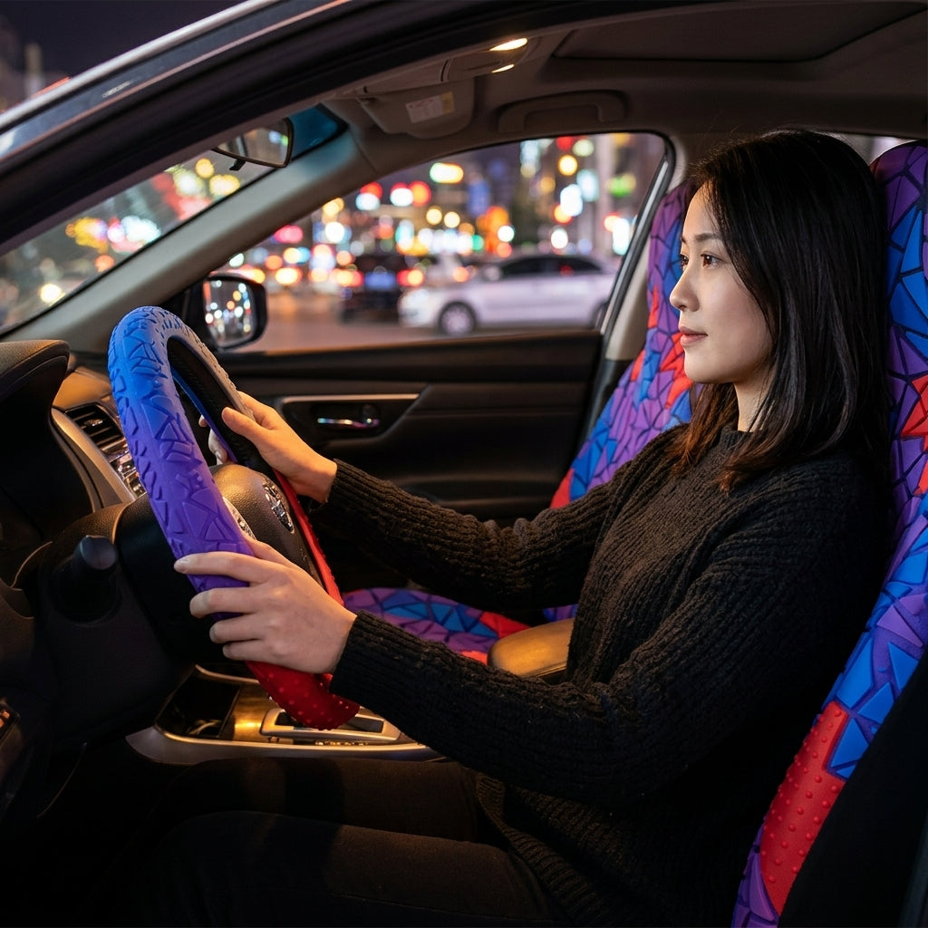 Cross-border geometric pattern non-slip silicone steering wheel cover, car D-round universal elastic particle sun-protection thickened handlebar cover - Woman Night Atmosphere