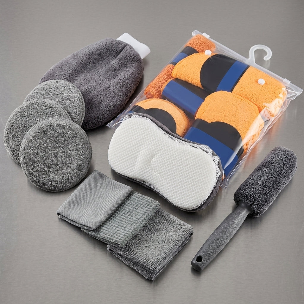 Car cleaning 9-piece set: car towels, home car wash gloves, car washing towels, rags, waxing sponges, hub brushes - Detail Top