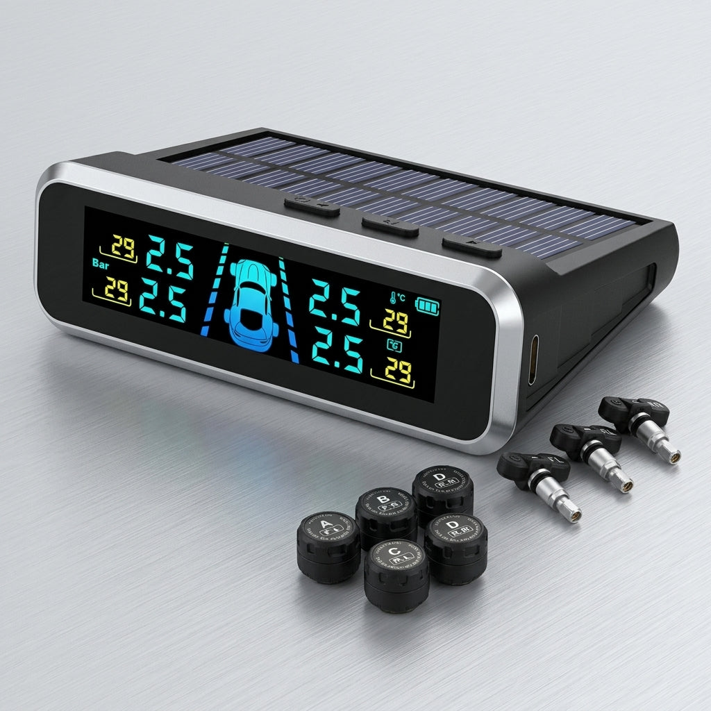 Tire pressure monitor, solar external sensor, high precision automotive tire pressure monitor, tire pressure sensor - Detail Top