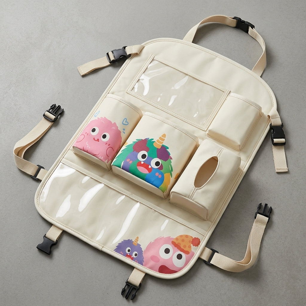Car multifunctional seat back storage bag, anti-kick pad, convenient cartoon cute tissue box, tissue storage bag, storage box - Detail Top