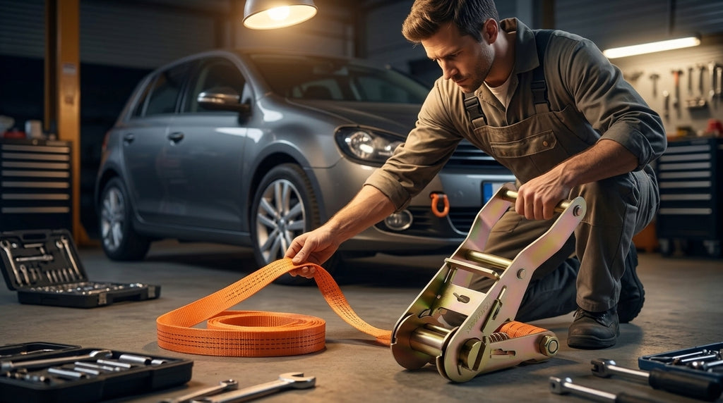 Cargo Ratchet Straps with Double Hooks, Orange - Evening Garage