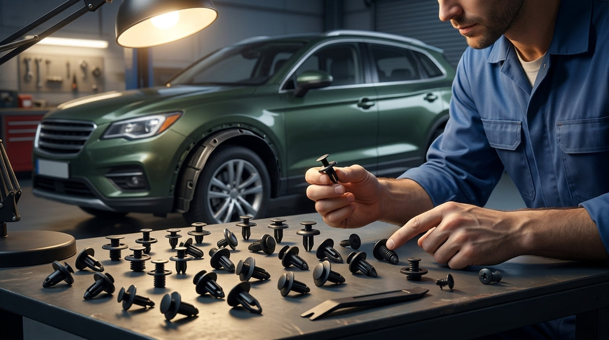 Universal automotive fender liner, trunk plastic clips, mudguard clips, expansion screws, hole-pierced studs, snaps - Evening Garage