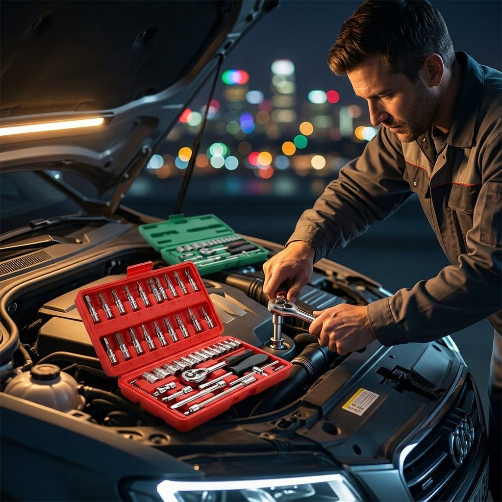 46-piece set of quick ratchet wrenches and screwdriver toolboxes for car repairs, hardware sets, and auto repair kits - Lifestyle Night