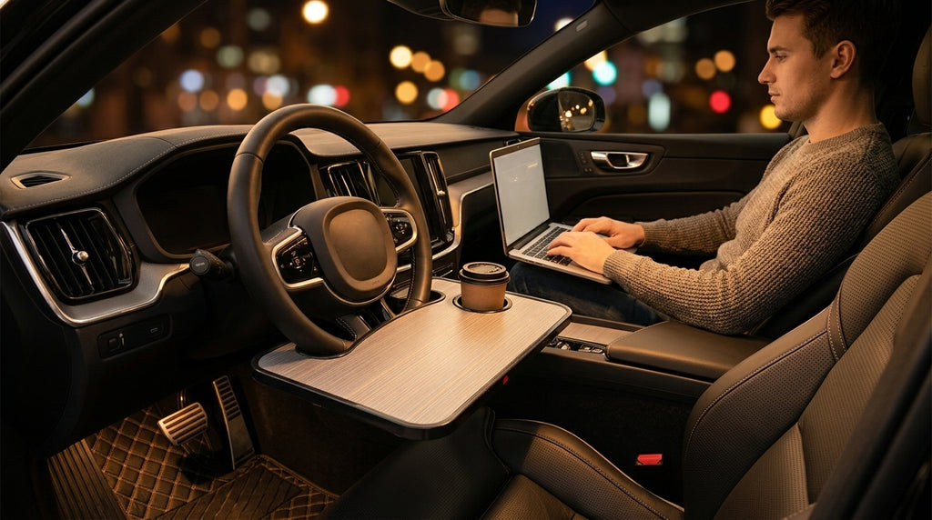 Multifunctional Car Dinner Plate, Steering Wheel, Laptop Stand, Car Dinner Tray Storage Rack, Car Computer Table Tray - Lifestyle Night