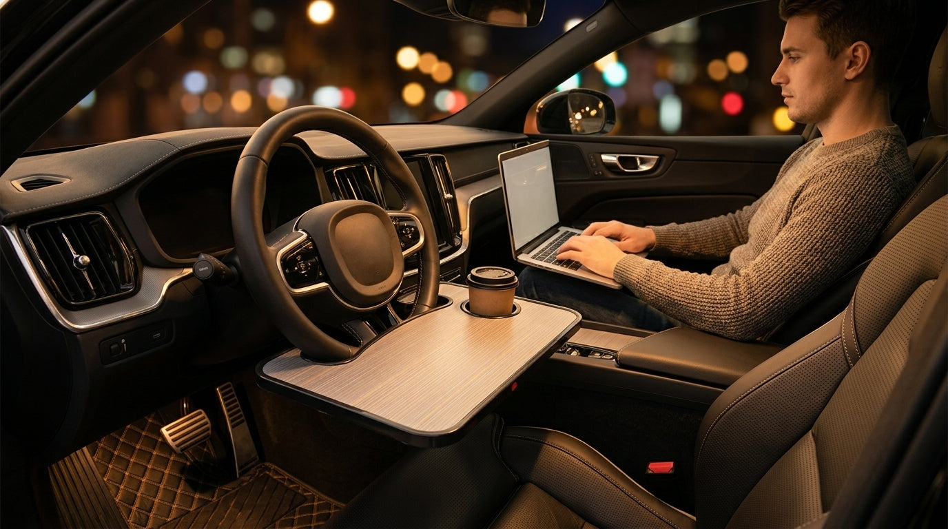 Multifunctional Car Dinner Plate, Steering Wheel, Laptop Stand, Car Dinner Tray Storage Rack, Car Computer Table Tray - Lifestyle Night