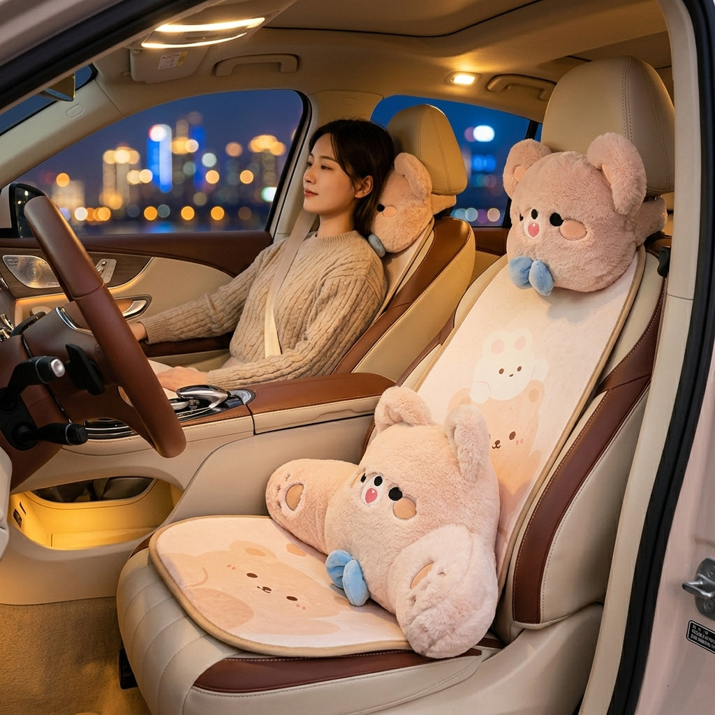 Car headrest, plush bow little bear pillow, comfortable neck pillow cushion, cute cartoon car interior lumbar support - Lifestyle Night