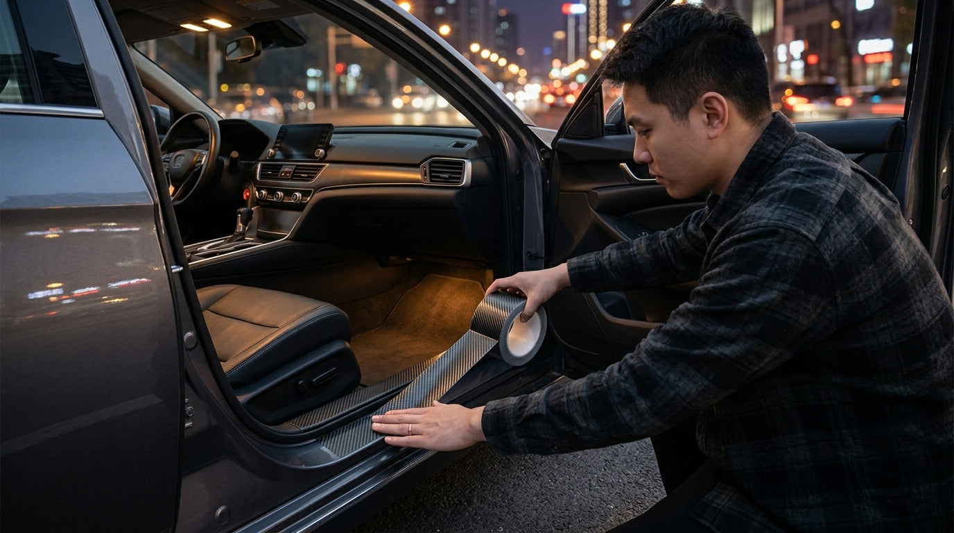 Car sill strips, carbon fiber bumper anti-collision strips, anti-stepping paste, carbon fiber pattern, universal body film stickers, decorative strips - Lifestyle Night