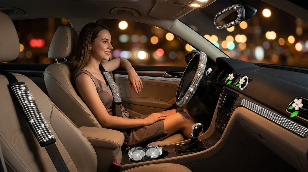 Cross-border foreign trade cars with hot diamonds, steering wheel covers, seat belts, shoulder pads, and diamond-embedded vehicles, 14 items loaded with diamonds and with diamonds - Lifestyle Night