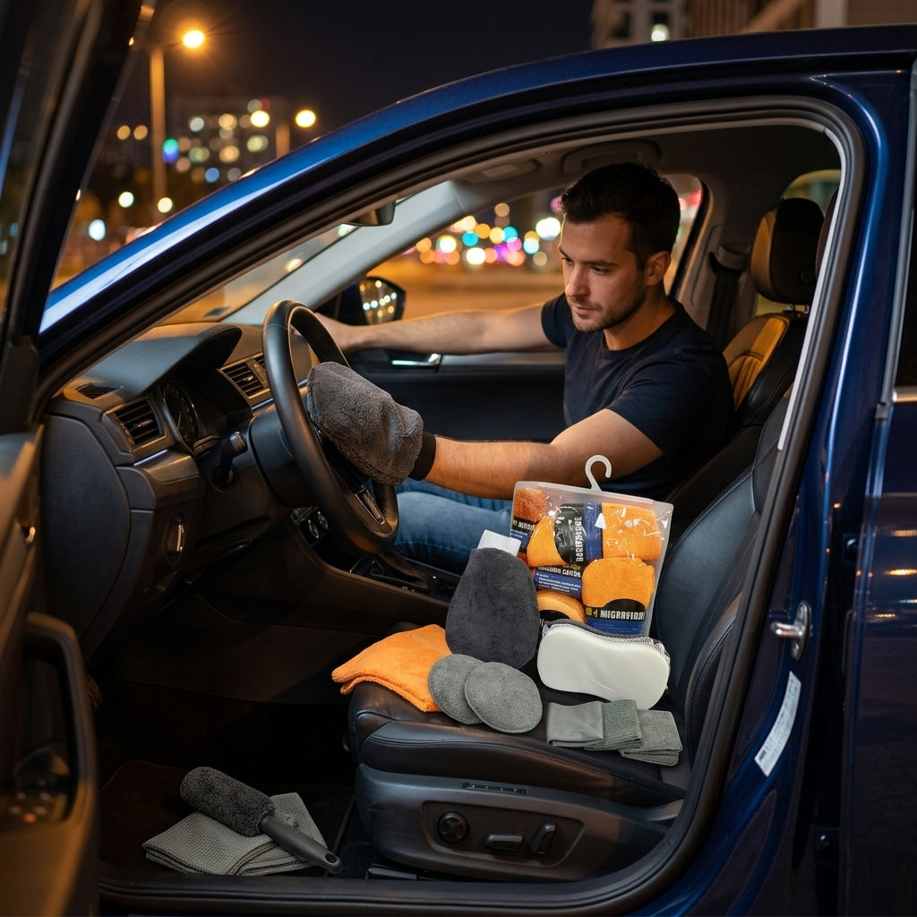 Car cleaning 9-piece set: car towels, home car wash gloves, car washing towels, rags, waxing sponges, hub brushes - Lifestyle Night