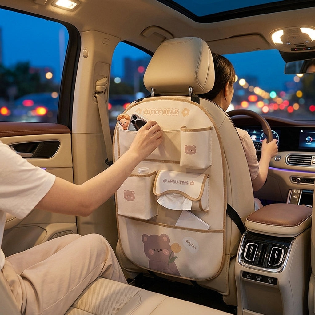 Car seat back storage bag cute cartoon car trash can creative multifunctional car interior anti-kick mat - Lifestyle Night