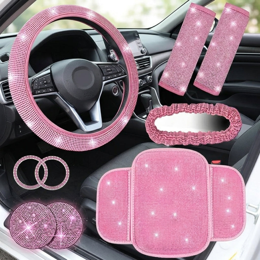 Car steering wheel cover, diamond-studded full diamond set, seat belt, shoulder pad, rearview mirror armrest, box mat, starter ring, nine-piece set - Interior Placement