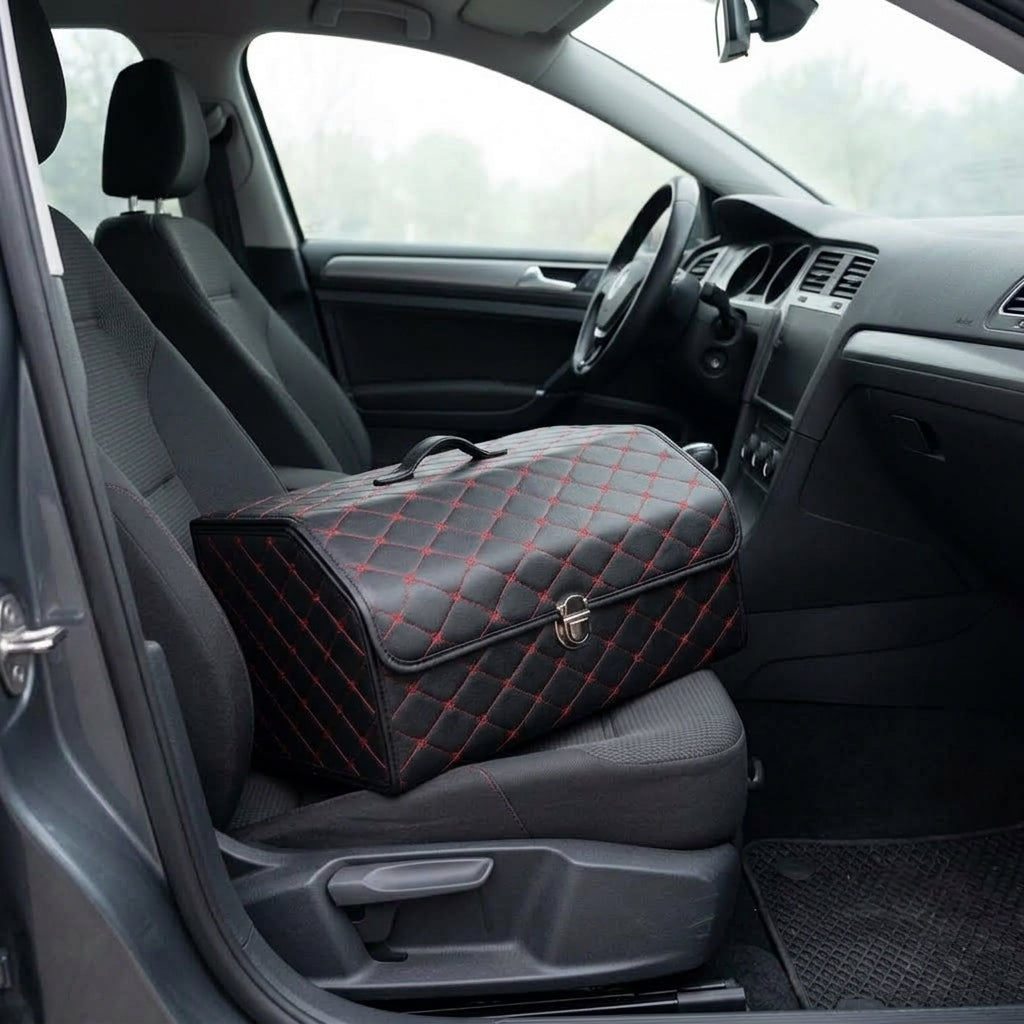 Car trunk storage box, leather foldable car organizer box, large capacity metal locking with handle storage box - Interior Placement