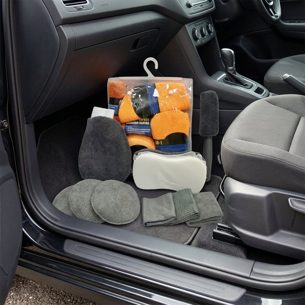 Car cleaning 9-piece set: car towels, home car wash gloves, car washing towels, rags, waxing sponges, hub brushes - Interior Placement