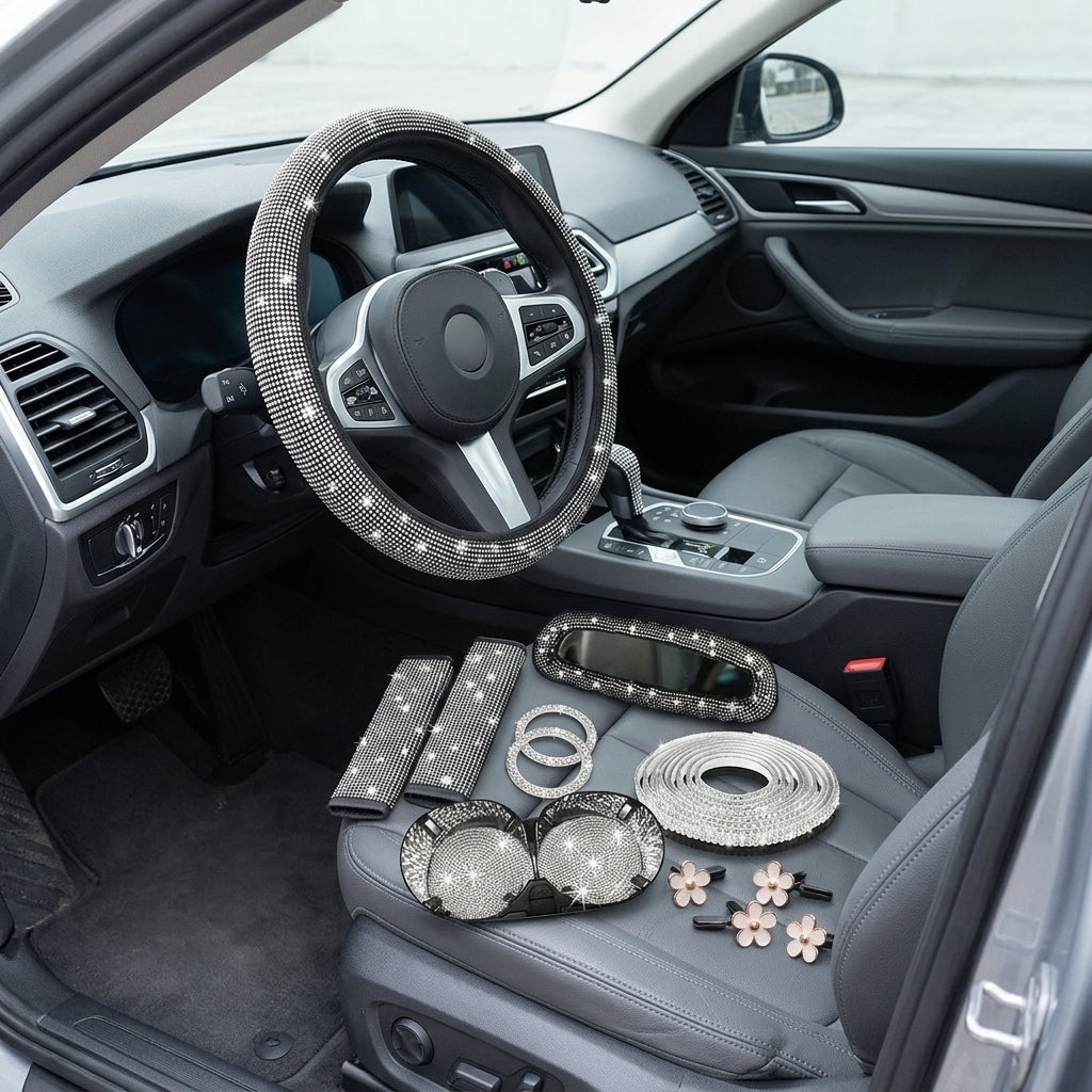 Cross-border foreign trade cars with hot diamonds, steering wheel covers, seat belts, shoulder pads, and diamond-embedded vehicles, 14 items loaded with diamonds and with diamonds - Interior Placement