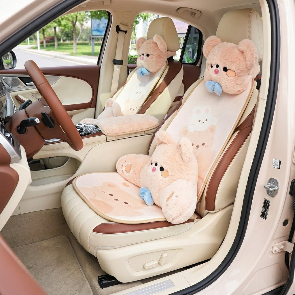Car headrest, plush bow little bear pillow, comfortable neck pillow cushion, cute cartoon car interior lumbar support - Interior Placement