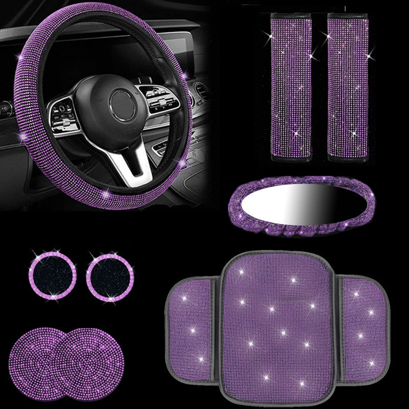 Car steering wheel cover, diamond-studded full diamond set, seat belt, shoulder pad, rearview mirror armrest, box mat, starter ring, nine-piece set