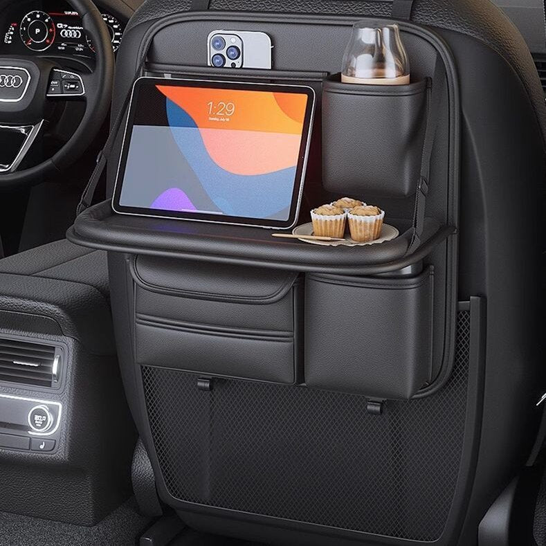 Car seat back storage bag, leather rear storage box, dining table model car seat back hanging bag, anti-kick mat