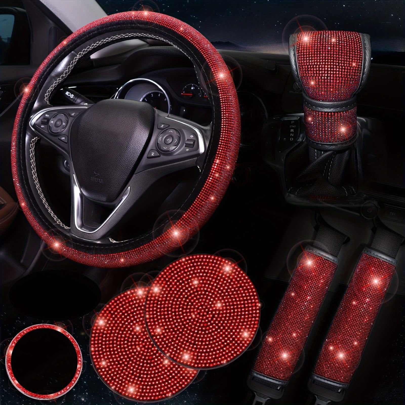 Car steering wheel cover, universal rhinestone-inlaid seatbelt cover, shoulder pad, seven-piece cross-border bestseller set