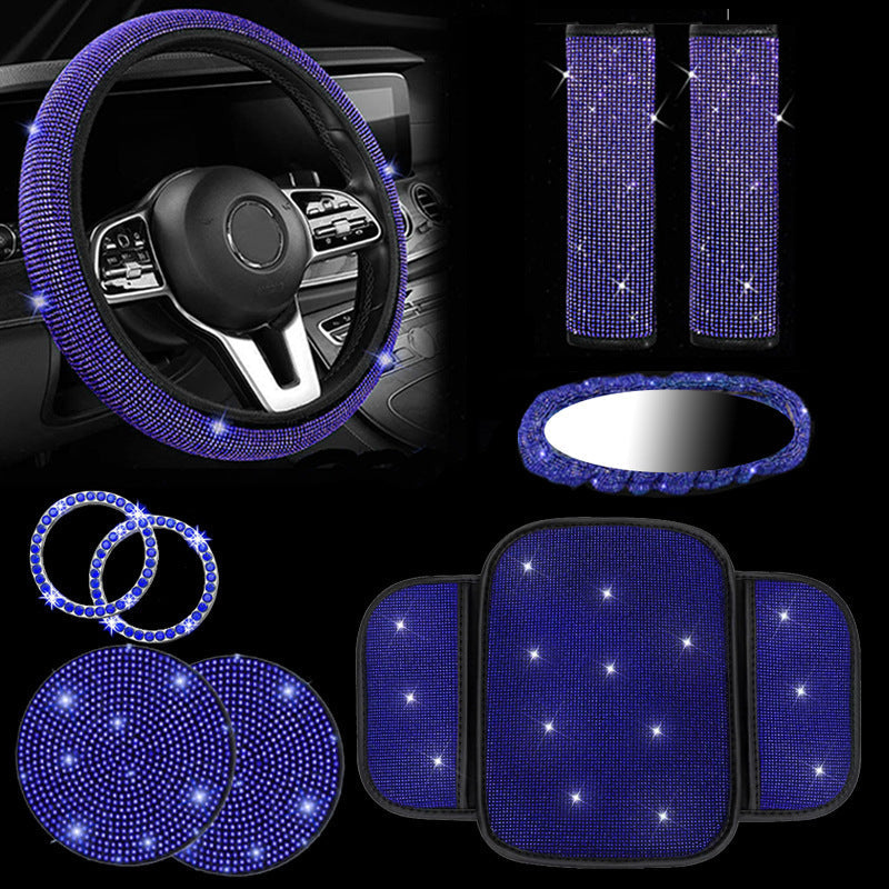 Car steering wheel cover, diamond-studded full diamond set, seat belt, shoulder pad, rearview mirror armrest, box mat, starter ring, nine-piece set