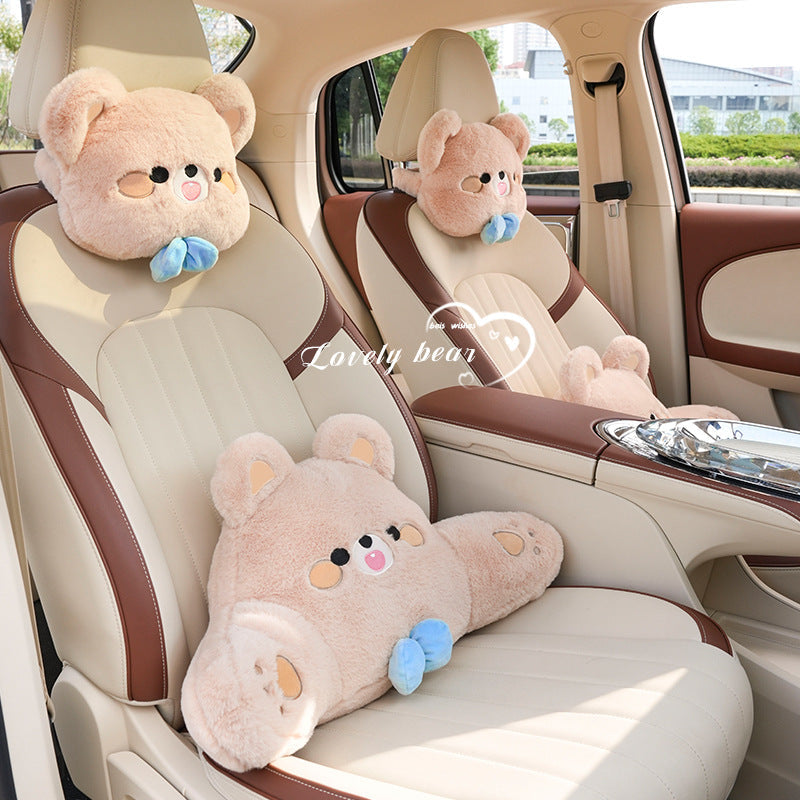 Car headrest, plush bow little bear pillow, comfortable neck pillow cushion, cute cartoon car interior lumbar support