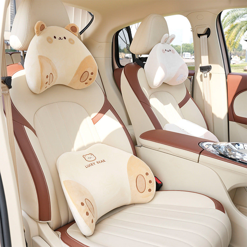 Cartoon memory foam car headrest, all-season plush car, soft seat lumbar pad, creative car lumbar support