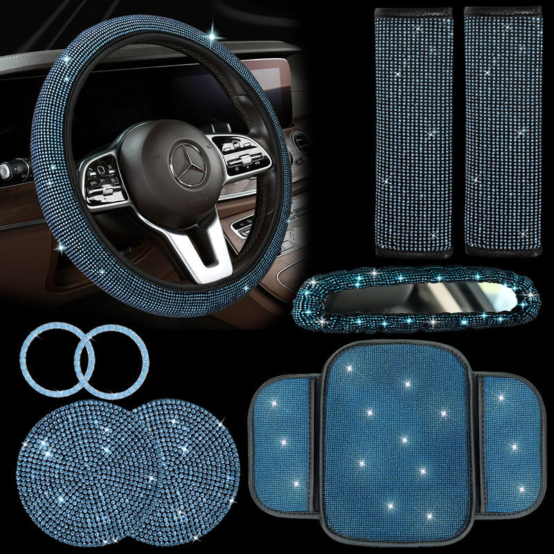 Car steering wheel cover, diamond-studded full diamond set, seat belt, shoulder pad, rearview mirror armrest, box mat, starter ring, nine-piece set