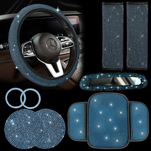 Car steering wheel cover, diamond-studded full diamond set, seat belt, shoulder pad, rearview mirror armrest, box mat, starter ring, nine-piece set