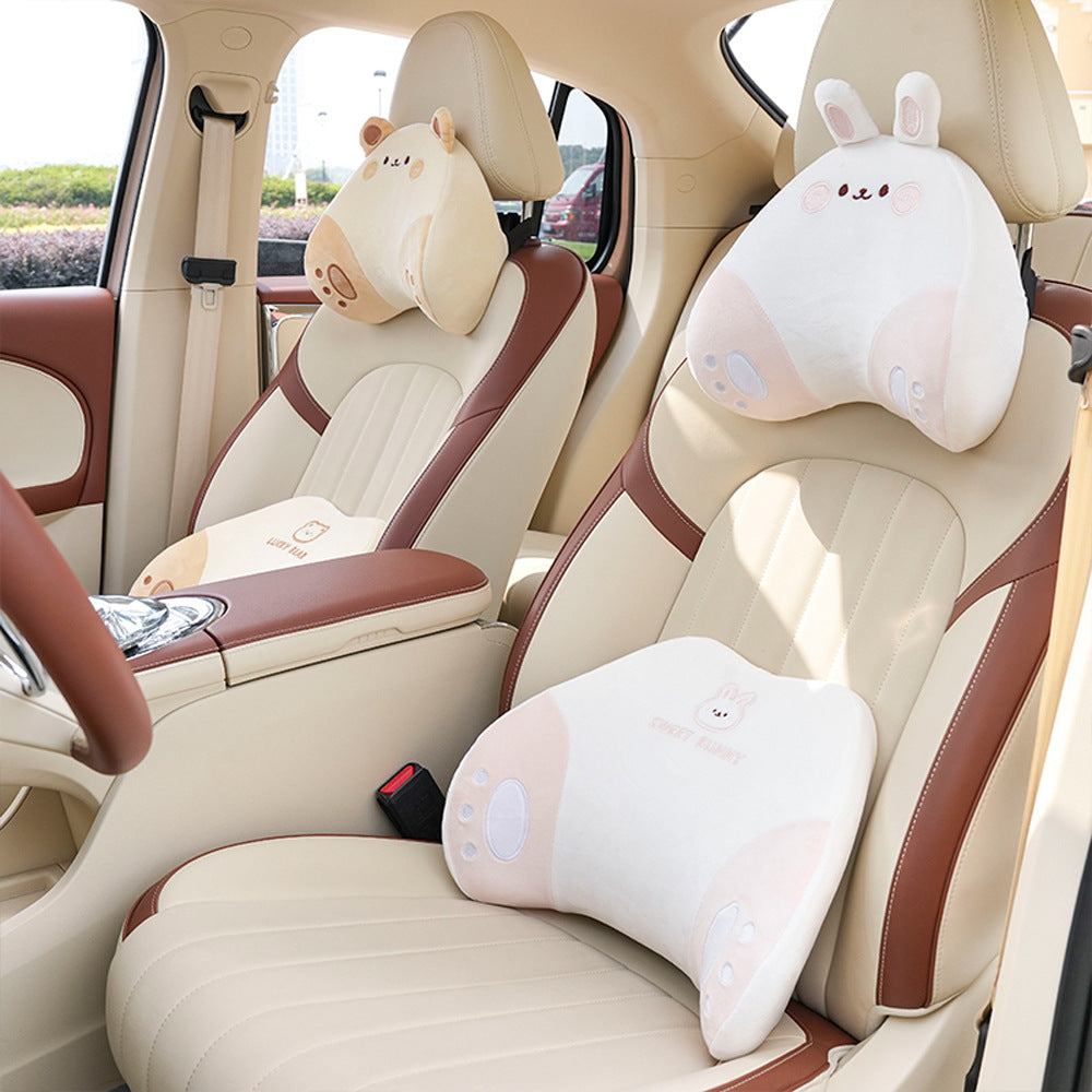 Cartoon memory foam car headrest, all-season plush car, soft seat lumbar pad, creative car lumbar support