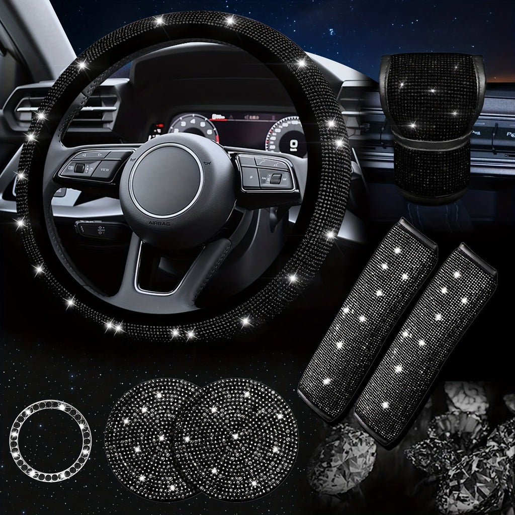 Car steering wheel cover, universal rhinestone-inlaid seatbelt cover, shoulder pad, seven-piece cross-border bestseller set