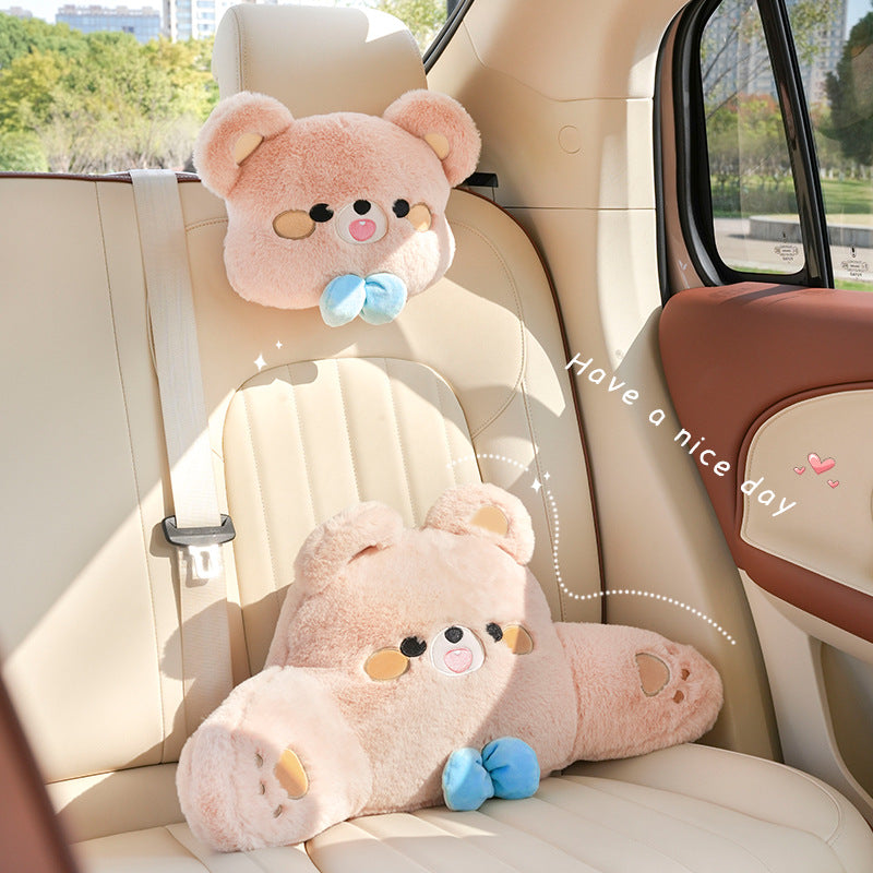 Car headrest, plush bow little bear pillow, comfortable neck pillow cushion, cute cartoon car interior lumbar support