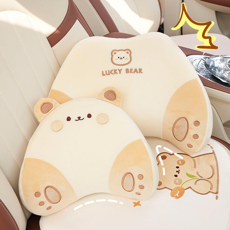 Cartoon memory foam car headrest, all-season plush car, soft seat lumbar pad, creative car lumbar support