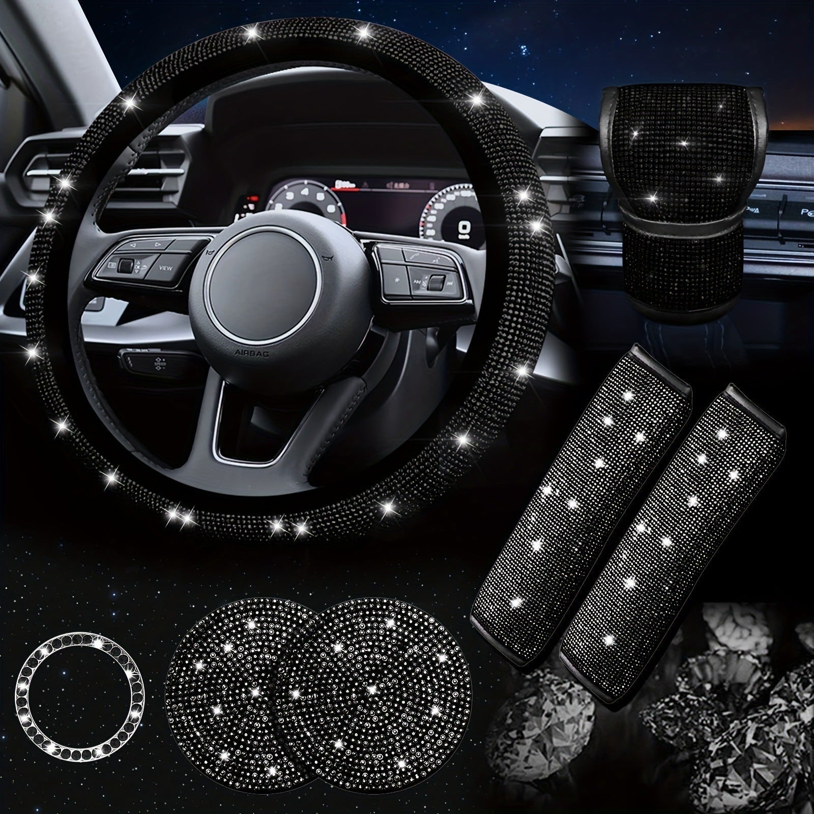 Car steering wheel cover, universal rhinestone-inlaid seatbelt cover, shoulder pad, seven-piece cross-border bestseller set